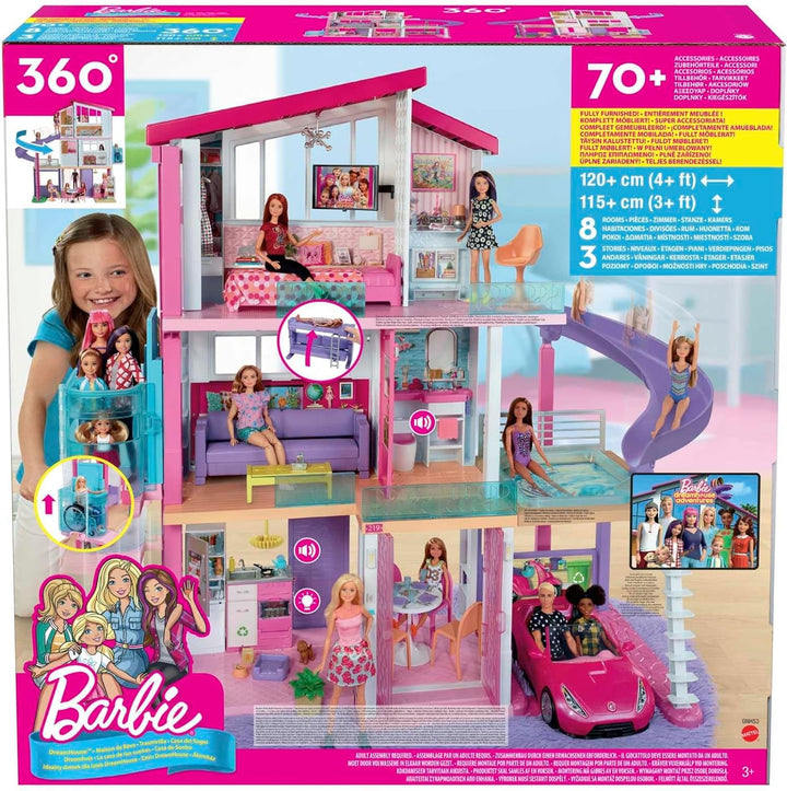 Barbie Dollhouse, Dream Villa Doll, complet mobilată, 3 etaje, 8 camere inclusiv piscină, tobogan și lift, 70 de accesorii, jucării de la 3 ani, GNH53