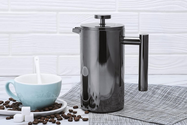 ECHTWERK Presă franceză din oțel inoxidabil, presă de cafea termoizolată cu pereți dubli, filtru de cafea cu filtru de presă pentru acasă, camping și birou, Black Edition, 800 Ml