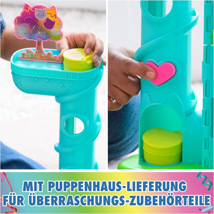 Casa de păpuși Gabby™S, set de 15 piese pentru casa de păpuși Purrfect Party cu aspect curcubeu, de peste 60 cm, cu figura Gabby, mobilier și efecte sonore, de la 3 ani