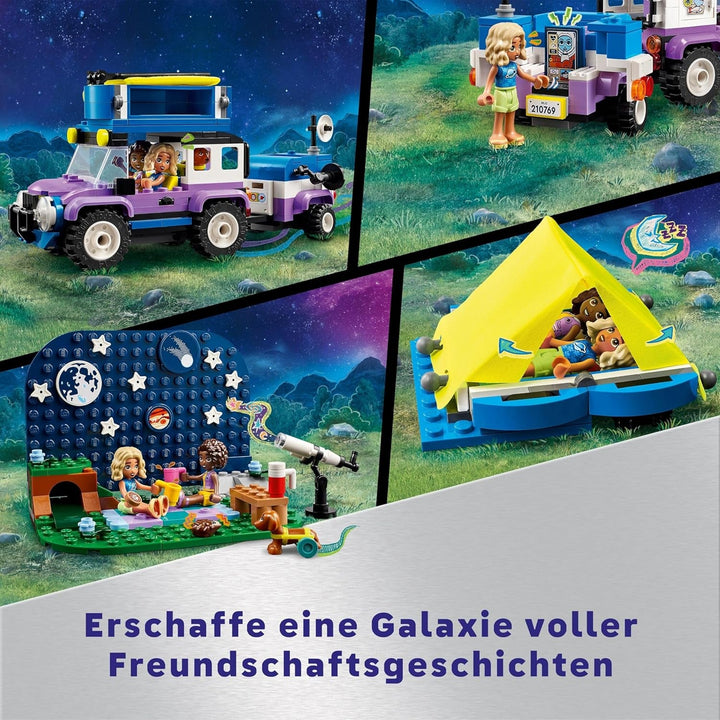 Set de vehicule de camping LEGO Friends Stargazer cu mașină de teren și telescop de jucărie, cadou de la 7 ani pentru fete și băieți, include figurile de joc Nova, Aliya și un câine 42603