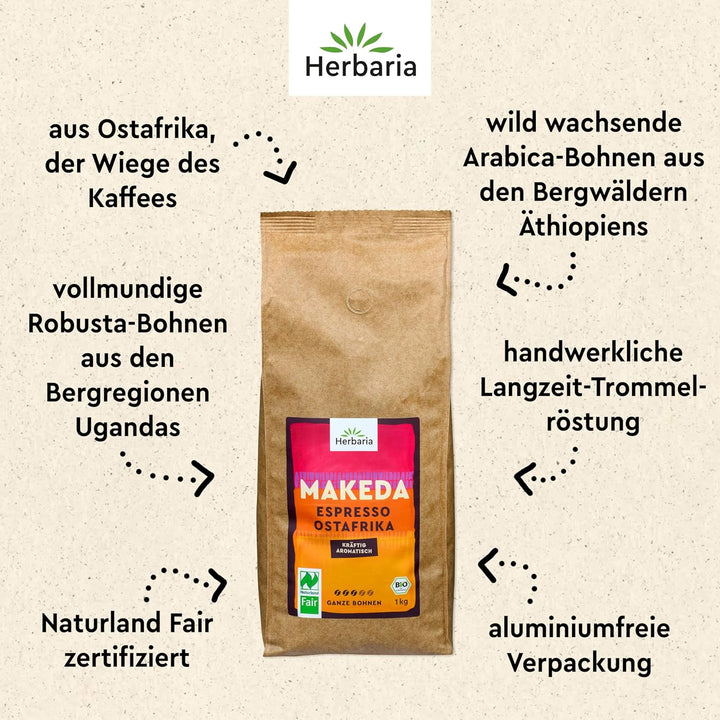 Herbaria MAKEDA Bio Espresso Ganze Bohnen 1Kg – Naturland Fair Zertifiziert Aus Ostafrika – Röstaromen Mit Kakao- & Eichenholz-Noten – Bio Kaffeebohnen Perfekt Für Siebträger Und Kaffeevollautomaten