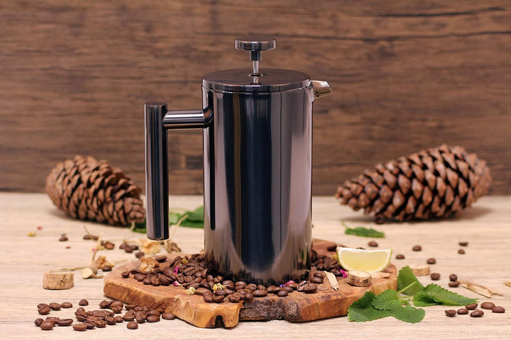 ECHTWERK Presă franceză din oțel inoxidabil, presă de cafea termoizolată cu pereți dubli, filtru de cafea cu filtru de presă pentru acasă, camping și birou, Black Edition, 800 Ml