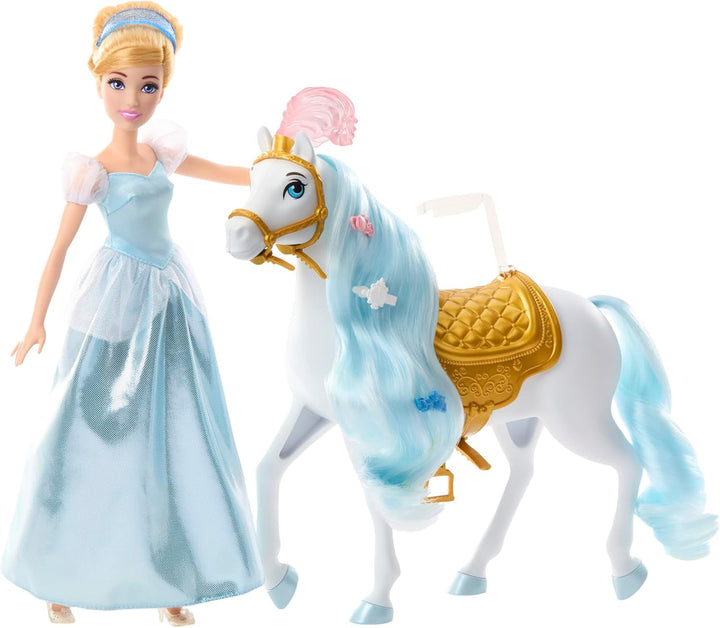 Mattel DISNEY Princess Cinderella - Păpușă mobilă cu costum strălucitor, pantofi și diademă detașabile, păr pieptănabil pentru distracție la coafor, pentru copii de la 3 ani în sus, HLW06