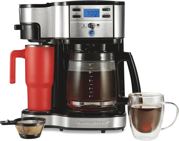 Hamilton Beach aparat de cafea cu sistem dublu de preparare, cu cană de călătorie, până la 12 cești de cafea, filtru programabil, aparat de cafea complet automat, 1,8 litri, negru (49980A-CE)