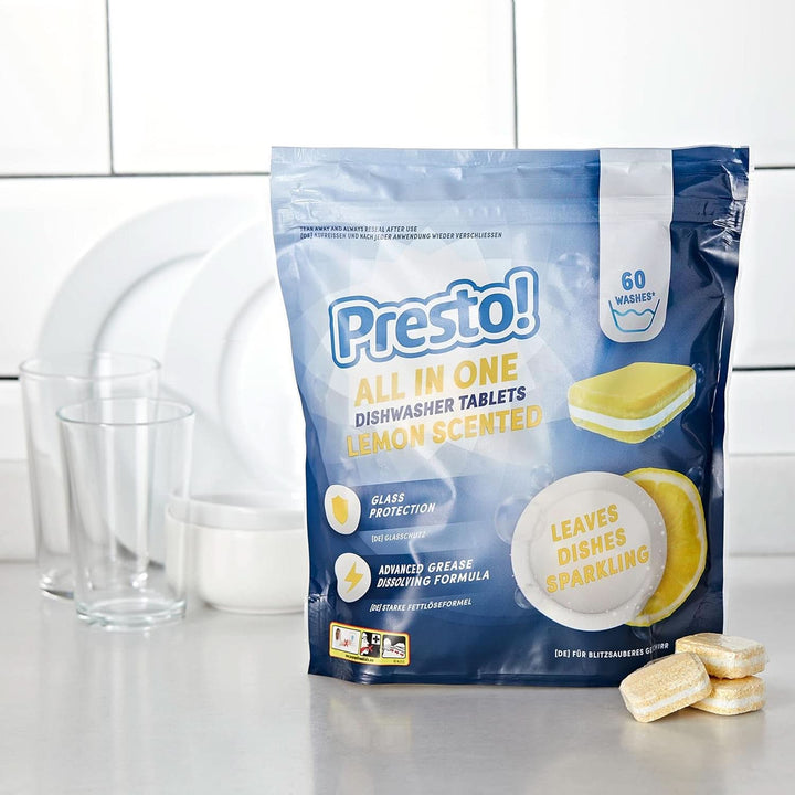 Presto! All in One Lemon tabletă pentru mașina de spălat vase, parfum de lămâie, 120 de spălări (2 pachete a câte 60)