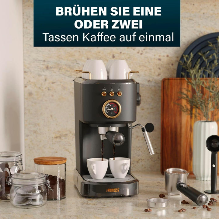 Espressoare Princess, 1100W, 20 bar presiune, Încălzitor de cești, Duză de abur, Rezervor de apă 1.2L, Pentru cafea, doze și capsule, Ușor de curățat, Oprire automată, 01.249417.01.001