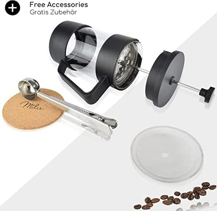 Milu French Press Coffee Maker | 350Ml, 600Ml, 1L | Presă de cafea din sticlă, filtru de cafea pentru acasă Călătorii Camping Incl. Coaster, lingură, filtru de rezervă (negru, 600Ml (3 cani)