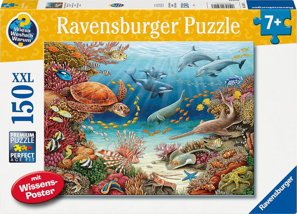 Ravensburger children's puzzle 13411 - Creaturi marine pe reciful de corali - De ce? De ce? De ce? Puzzle 150 piese XXL + poster de cunoștințe, pentru copii de la 7 ani