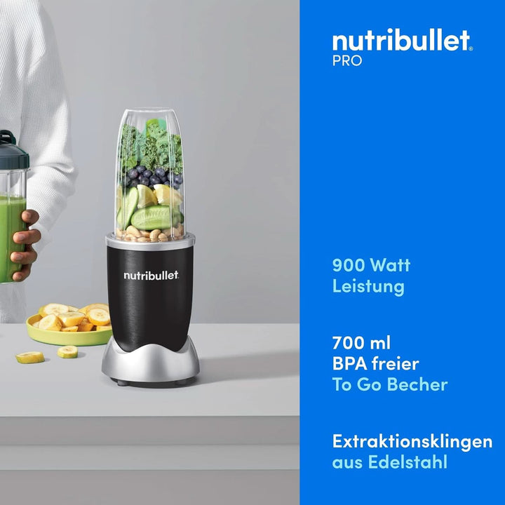 Nutribullet Pro, 900 Watt Leistung, Einfach Und Schnell in Der Anwendung, Kompakt, Leicht Zu Reinigen, Mit 700 Ml Becher, Smoothiemixer, Smoothie Maker, Elektrischer Mixer, NB904B, Schwarz