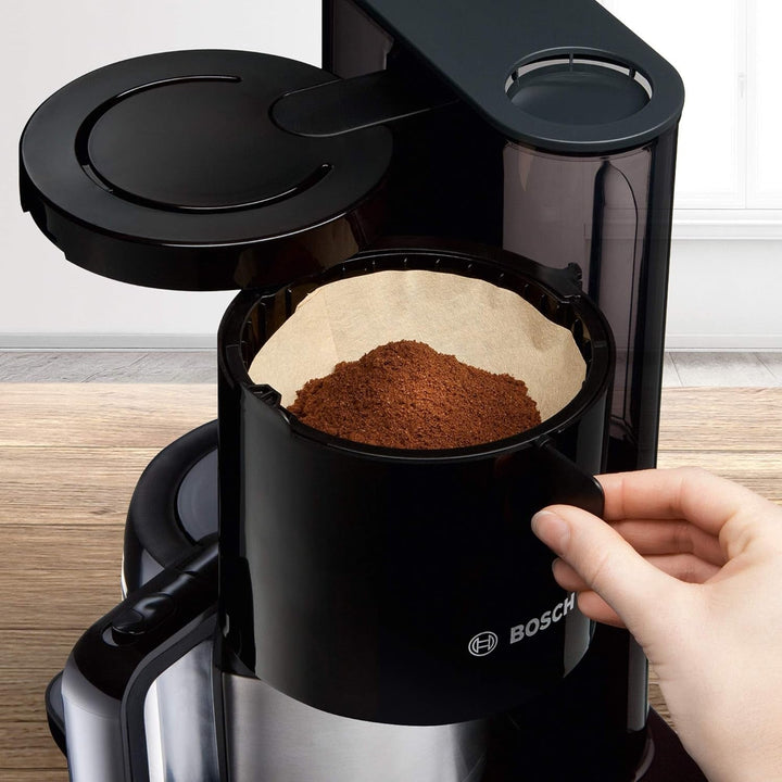 Bosch filtru de cafea Styline TKA8A053, senzor de aromă, cană termo din oțel inoxidabil 1,1 L, pentru 8-12 cești, oprire automată, sistem de detartrare, opritor de picurare, rezervor de apă detașabil (1 L), 1100 W, negru