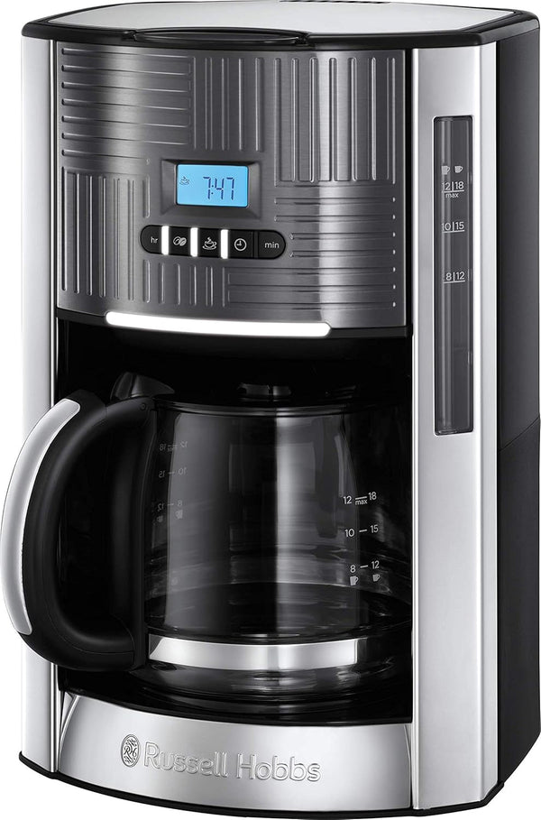 Cafetiera Russell Hobbs [cronometru digital, cap de duș pentru extracție și aromă optimă] Geo Stainless Steel Grey (Max 12 cești, ulcior de sticlă de 1,5L, placă de încălzire, 1000W) Filtru de cafea 25270-56
