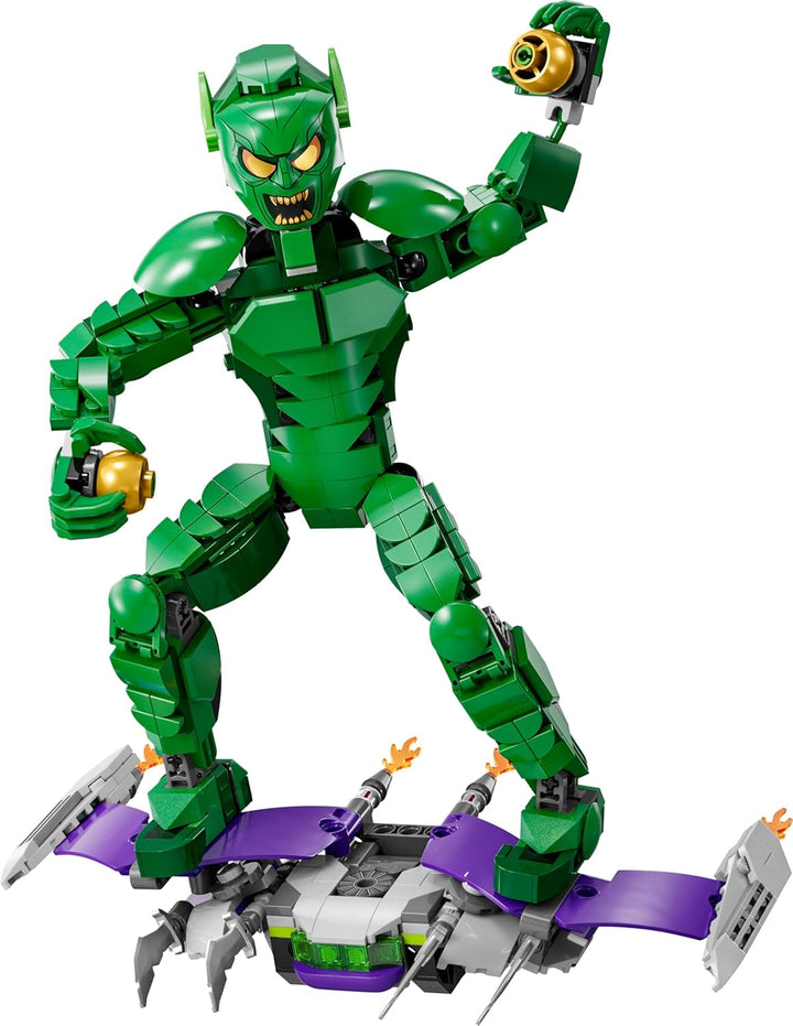 Figura de construcție LEGO Marvel Green Goblin, jucărie de construcție mobilă Super Villain pentru copii 8+, băieți și fete, set Spider-Man Universe cu glisoare și bombe de dovleac, idee de cadou Superhero 76284