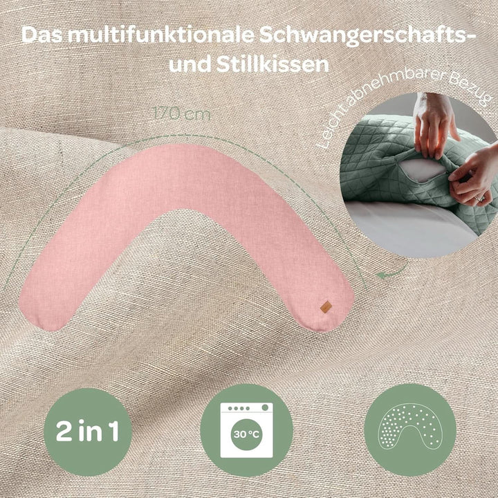 BÉABA, Big Flopsy, Stillkissen, Schwangerschafts-/Schwangerschaftskissen, Multifunktional, Schlafen, Stillen, Optimale Unterstützung, Entspannung, Komfort, Leinen, Ökotex, Rosa