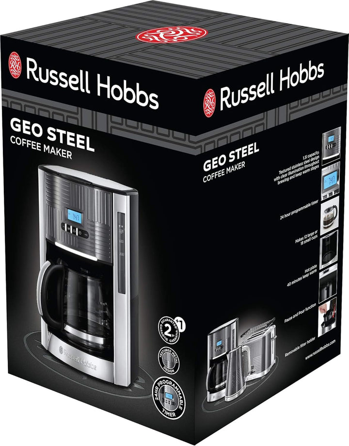 Cafetiera Russell Hobbs [cronometru digital, cap de duș pentru extracție și aromă optimă] Geo Stainless Steel Grey (Max 12 cești, ulcior de sticlă de 1,5L, placă de încălzire, 1000W) Filtru de cafea 25270-56