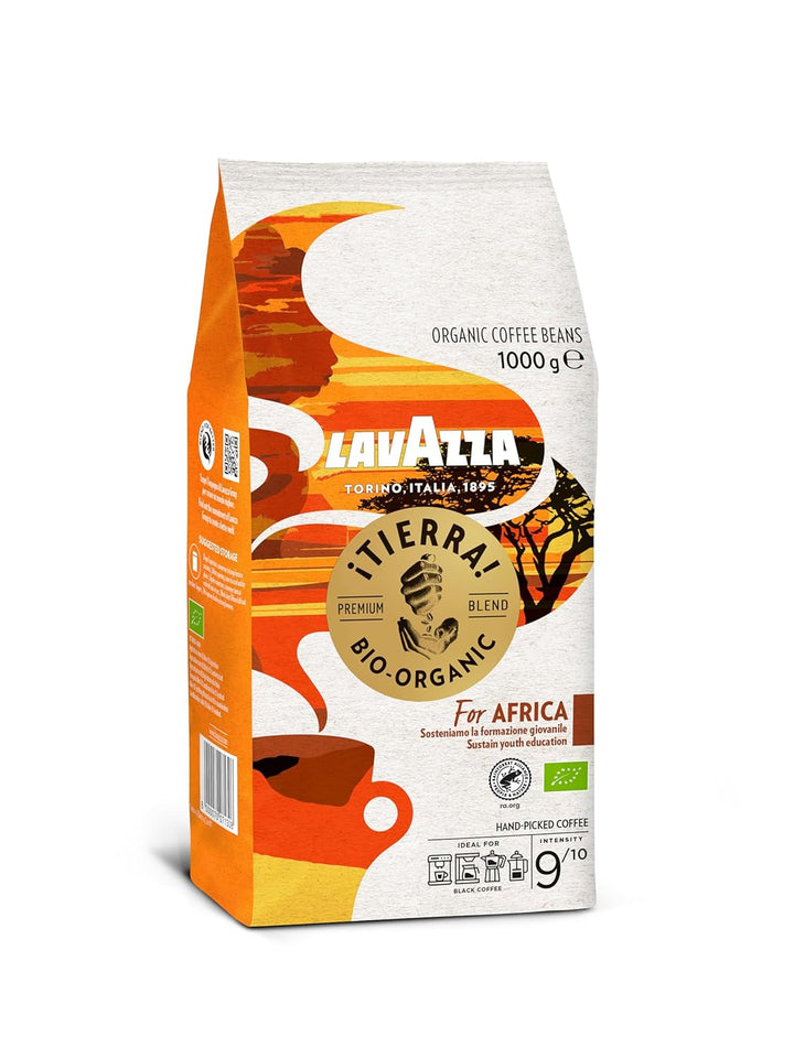 Lavazza, Tierra for Africa, 100% Bio Kaffeebohnen, Ideal Für Espressomaschinen, Kräftiger Und Vollmundiger Geschmack, Intensität 9/10, Aromen Von Nüssen, Mittlere Röstung, 1 Kg Packung