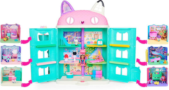 Gabby's Dollhouse Deluxe Room, cameră de joacă Purr-Ific, cameră de joacă cu mașină de jucărie Carlita, 2 piese de mobilier și 2 cutii surpriză cu accesorii, potrivită pentru copii de 3 ani și peste
