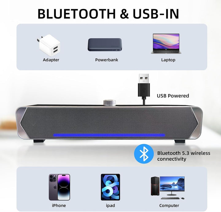 HEANTTV Computerlautsprecher Für Desktop-Monitore, Bluetooth-Lautsprecher Für PC, Soundbar Bluetooth 5.3 Mit Kabel Und Usb-Stromversorgung, Soundbar Für PC, Laptops, Smartphones