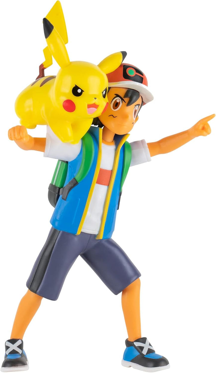 Pokémon PKW2473 - Battle Feature Figure - Ash & Pikachu, figuri mobile oficiale, 11,5 cm Ash și 5 cm Pikachu