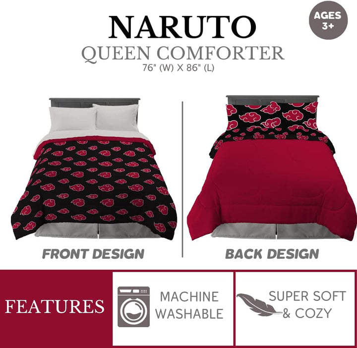 Franco Naruto Anime Akatsuki Pattern Lenjerie de pat moale microfibră Plapumă Queen, (produs oficial Naruto)