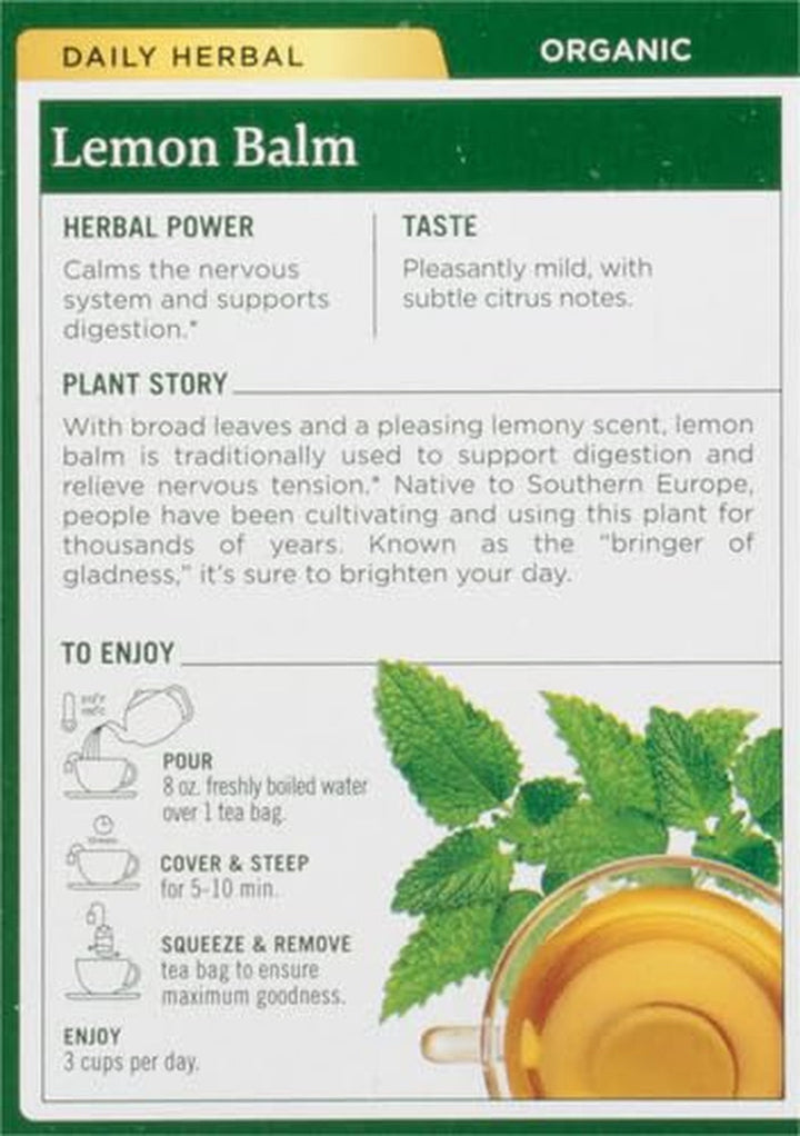 Organic Lemon Balm Herbal Tea, Calming and Supports Digestion, (Pack of 1) - 16 Tea Bags Tea USA Naty Shop