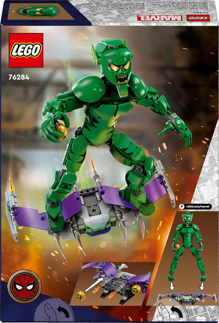 Figura de construcție LEGO Marvel Green Goblin, jucărie de construcție mobilă Super Villain pentru copii 8+, băieți și fete, set Spider-Man Universe cu glisoare și bombe de dovleac, idee de cadou Superhero 76284