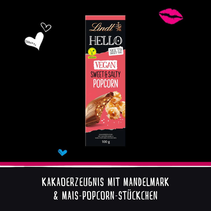 Lindt Schokolade HELLO Vegan Sweet´N Salty Popcorn | 100 G Tafel | Vegan Mit Kakao, Mildem Mandelmark Und Gesalzenen Und Süßen Mais- Und Popcorn-Stückchen | Schokoladengeschenk