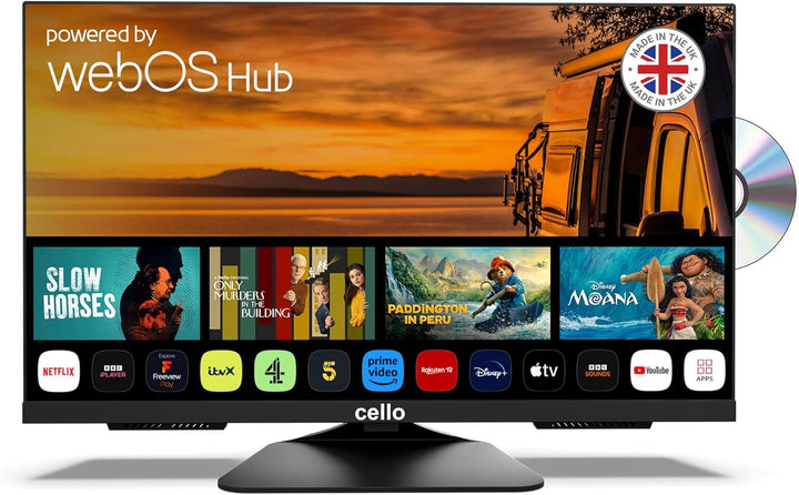Cello C2425WSF Trav 24" Full HD SMART/DVD Camping Reise TV Integrierter DVD Player Rahmenlos Triple Tuner Bluetooth Webos by LG Pitch Perfect Lautsprecher Wohnmobil LKW [2025]