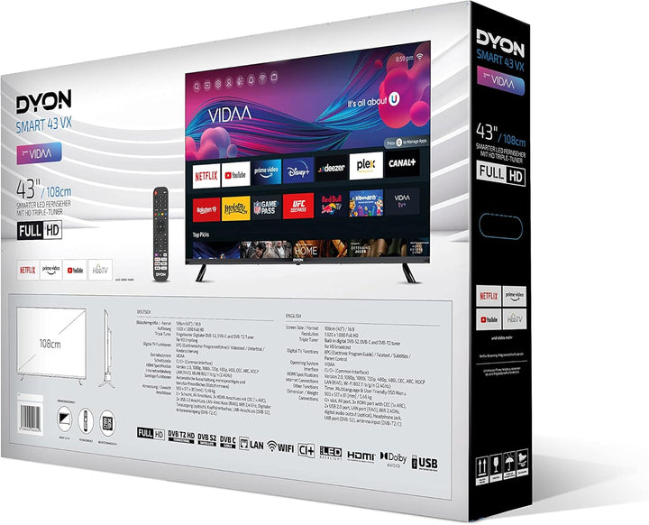DYON Smart 43 VX 108 Cm (43 Zoll) Fernseher (Full-Hd Smart TV, HD Triple Tuner (DVB-C/-S2/-T2), App Store, Prime Video, Netflix, Youtube, DAZN, Disney+) [Mod. 2022], Schwarz