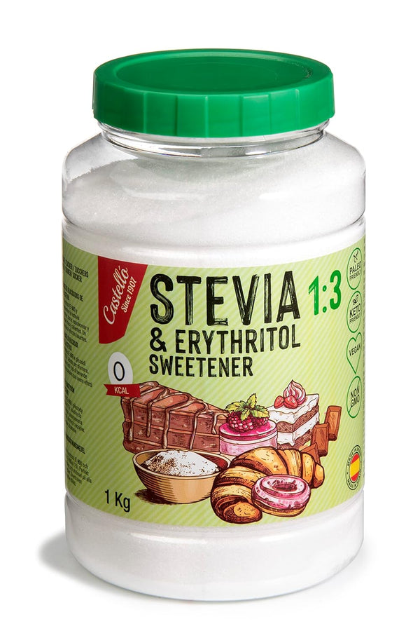 Stevia + Erythrit 1:3 Süßstoff | 1G = 3G Zucker | 100% Natürlicher Zuckerersatz - 0 Kalorien - 0 Glykämischer Index - Keto Und Paleo - 0 Netto-Kohlenhydrate - Kein GVO - Castello since 1907-1 Kg