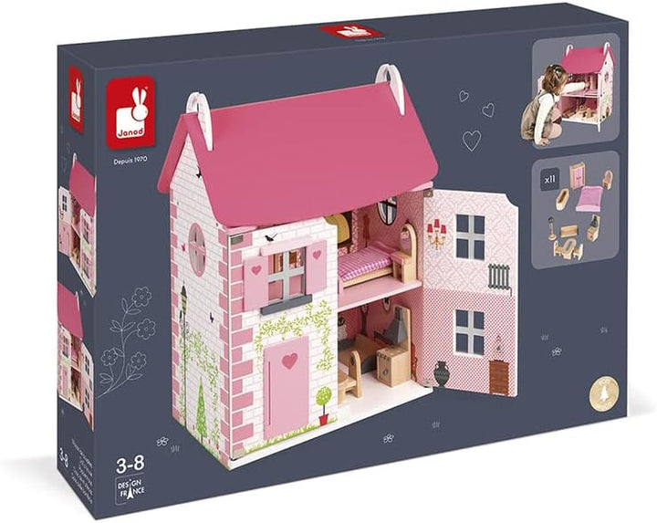 Janod - Casa de păpuși din lemn Mademoiselle, 3 etaje și cu 11 accesorii, replică de jucărie, dezvoltă imaginația, de la 3 ani, J06581, roz Casute de papusi Naty Shop