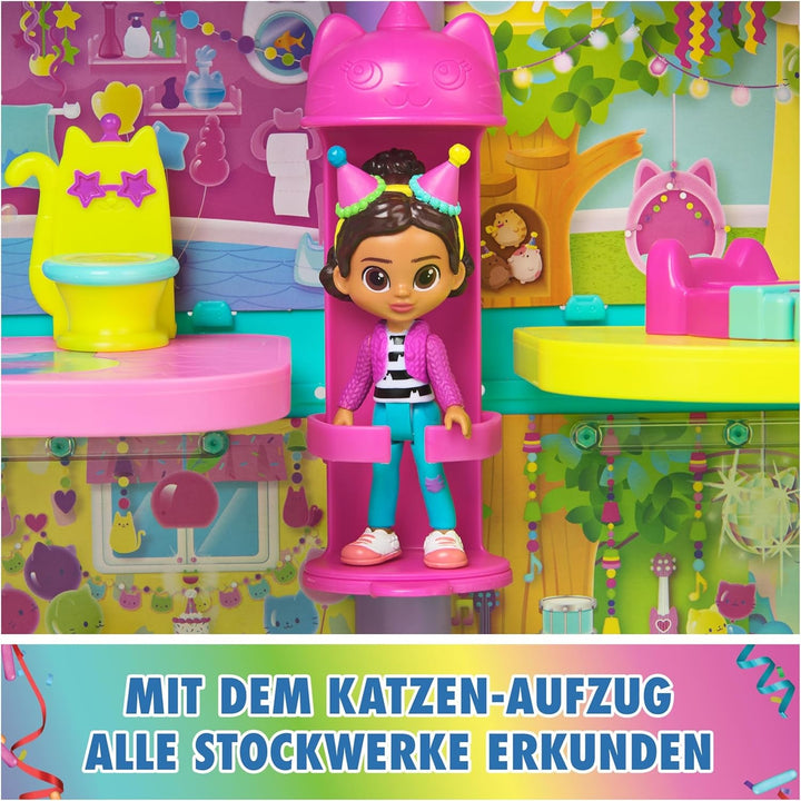 Casa de păpuși Gabby™S, set de 15 piese pentru casa de păpuși Purrfect Party cu aspect curcubeu, de peste 60 cm, cu figura Gabby, mobilier și efecte sonore, de la 3 ani