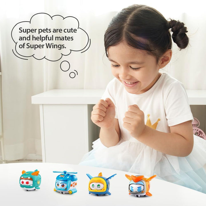 Super Wings Super Pets 4 PCS Shine, Golden Boy, Jerome, Ellie, cu expresie facială comutabilă, cu efect de fulger, portabil, jucărie pentru 3 4 5 6 7 8 ani băiat fată, 2 inci