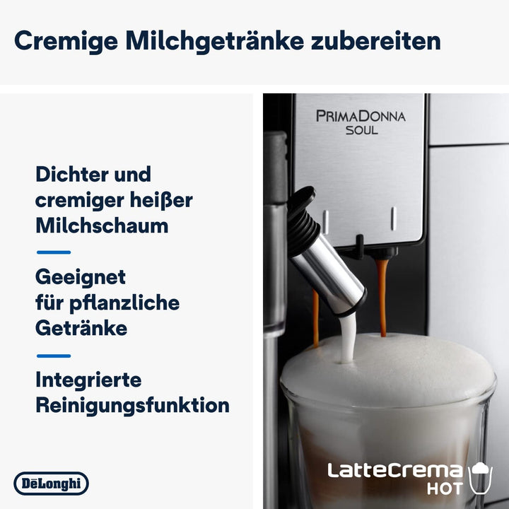 Aparat de cafea complet automat De'Longhi Primadonna Soul Perfetto ECAM 612.55.SB cu sistem de lapte Lattecrema și tehnologie Bean Adapt, 18 rețete, cu control prin aplicație cu afișaj color, argintiu/negru