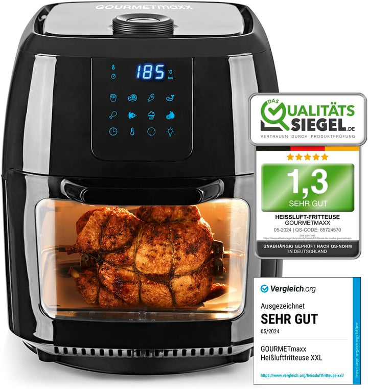 Gourmetmaxx Digitale Heißluftfritteuse XXL - 9L Ofen | Airfryer Mit Timerfunktion, Touchdisplay, Drehspieß, Schaschlikspießen | Fettarm, Energiesparend Frittieren | 8 Programme, 1800 W