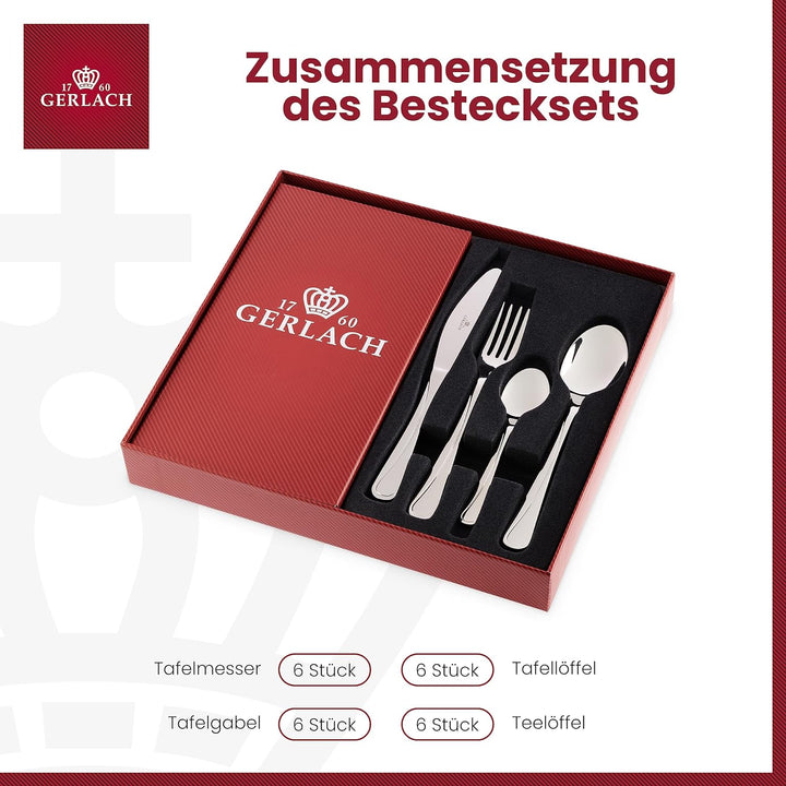 Gerlach Mango Besteck-Set 6 Personen Spülmaschinenfest Essbesteck Edelstahl Elegantes Besteck Messer Gabel Löffel Teelöffel Tafelbesteck Rostfrei 24 Stk, Silberglänzend