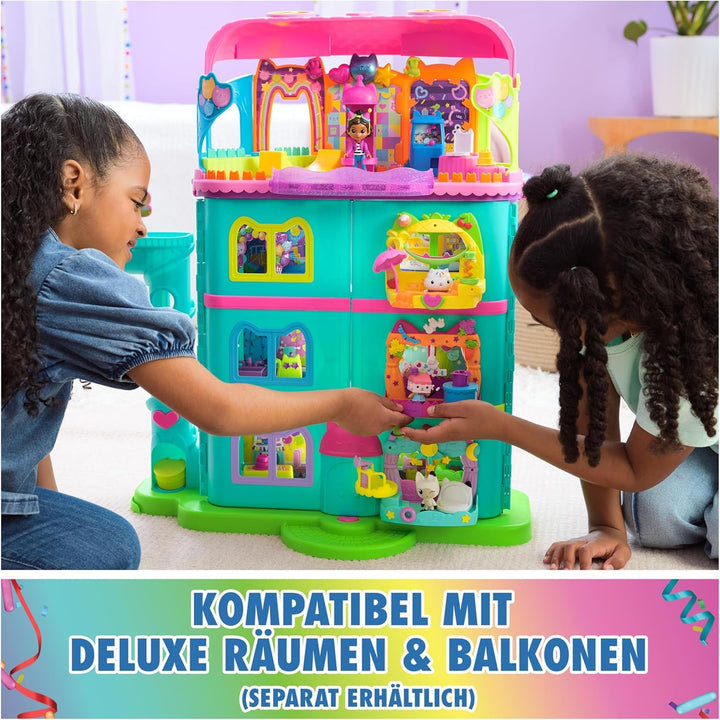 Casa de păpuși Gabby™S, set de 15 piese pentru casa de păpuși Purrfect Party cu aspect curcubeu, de peste 60 cm, cu figura Gabby, mobilier și efecte sonore, de la 3 ani