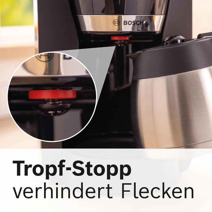 Mașină de cafea cu filtru Bosch Mymoment TKA6M273, cană termo 1 L, pentru 8-12 cești, opritor de picurare, suport pivotant pentru filtru, program de detartrare, rezervor de apă detașabil, 1200 wați, negru mat