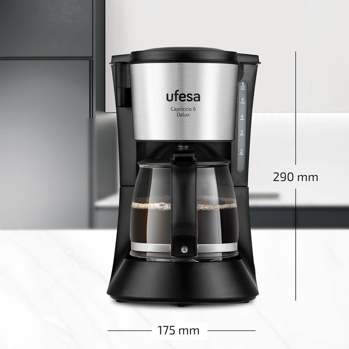 Ufesa CG7115 Capriccio 6 Delux filtru de cafea cu picurare, 6 cești, 600W, carafă de 0,6L, sistem anti-picurare, oprire automată, suprafețe din oțel inoxidabil