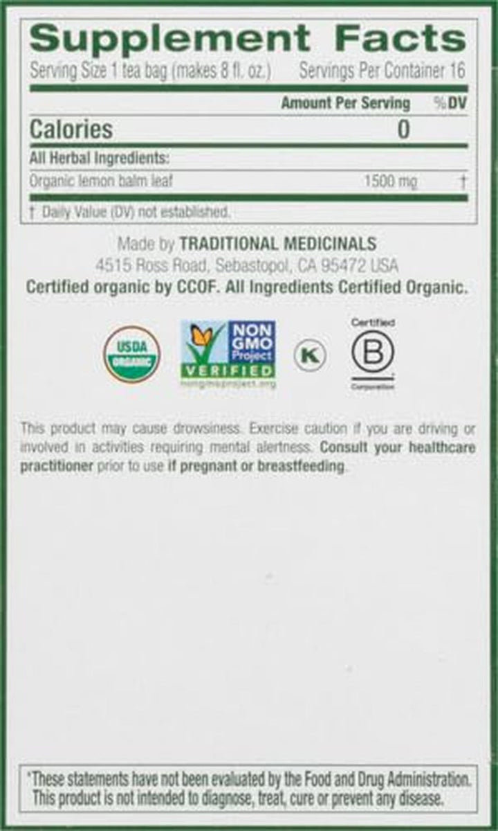 Organic Lemon Balm Herbal Tea, Calming and Supports Digestion, (Pack of 1) - 16 Tea Bags Tea USA Naty Shop
