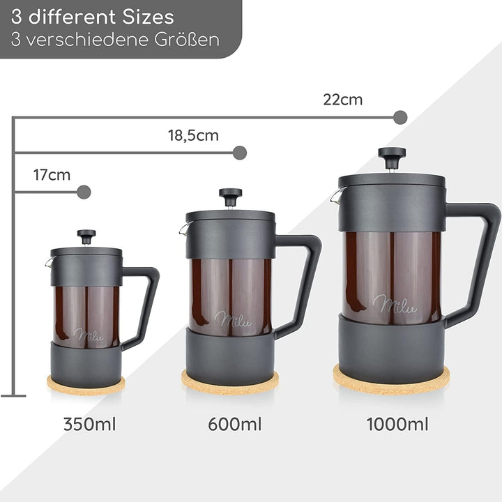 Milu French Press Coffee Maker | 350Ml, 600Ml, 1L | Presă de cafea din sticlă, filtru de cafea pentru acasă Călătorii Camping Incl. Coaster, lingură, filtru de rezervă (negru, 600Ml (3 cani)