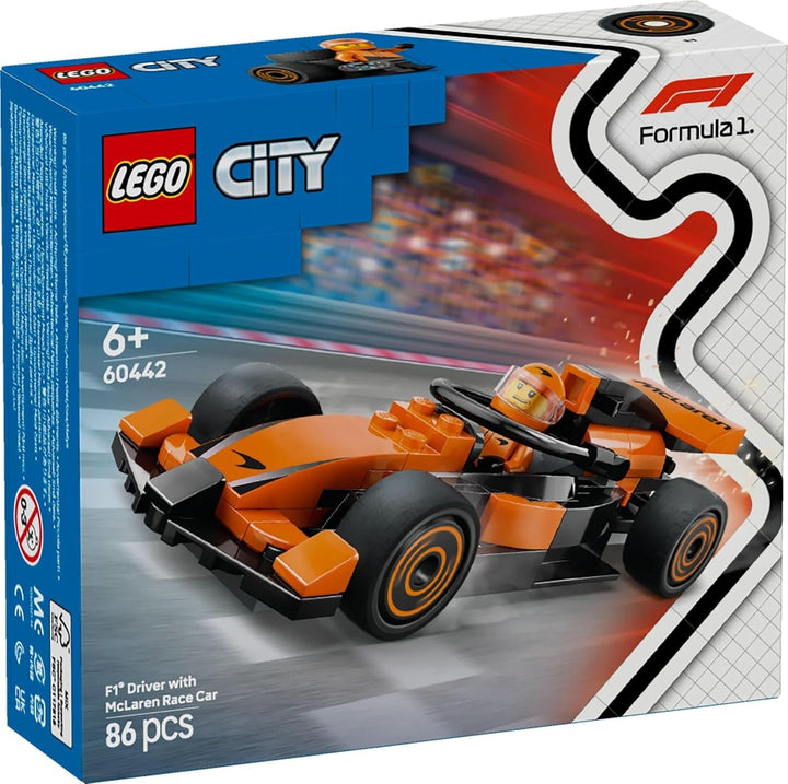LEGO City F1 Racer cu mașină de curse Mclaren - Model de jucărie Formula 1 cu mașină de curse și minifigurină - cadou mic pentru băieți și fete de la 6 ani sau fani ai sporturilor cu motor 60442