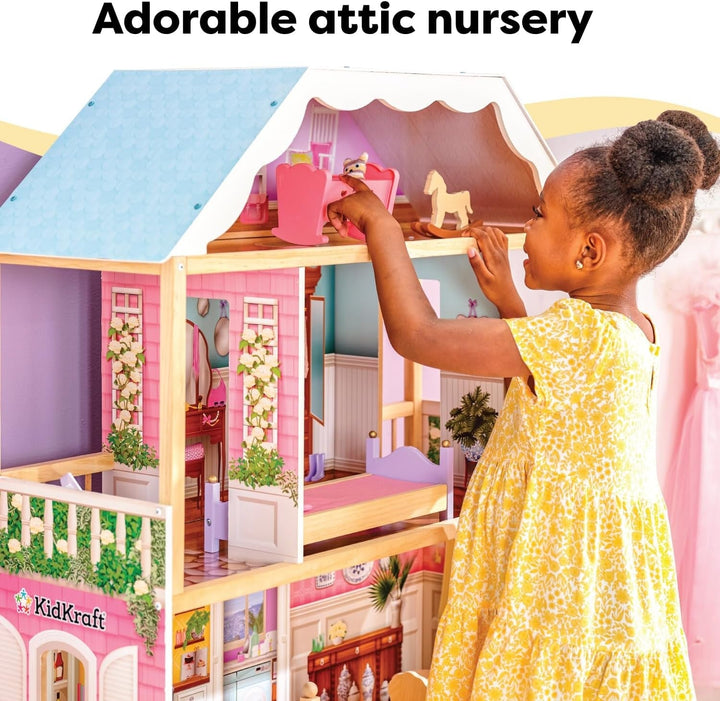 Casă de păpuși din lemn Kidkraft Charlotte cu mobilier și accesorii, casă de păpuși în stil clasic pentru păpuși de 30 cm, jucărie pentru copii de la 3 ani, 65956