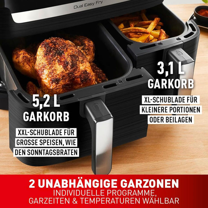 Tefal Dual Easy Fry Heißluftfritteuse Doppelkammer, 5,2/3,1 L Fassungsvermögen, Zwei Unabhängige Schubladen, 7 Programme, Energiesparender Airfryer, Schwarz, EY9018