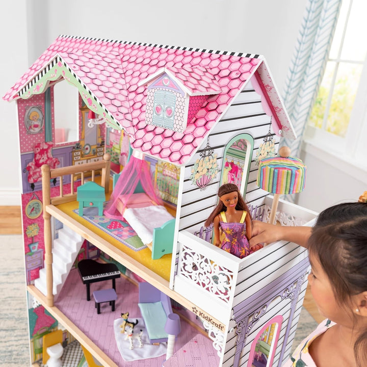 Casa de păpuși din lemn Kidkraft Annabelle cu mobilier și accesorii, set de joacă cu lift și balcon pentru păpuși înalte de 30 cm, jucărie pentru copii de la 3 ani, 65934
