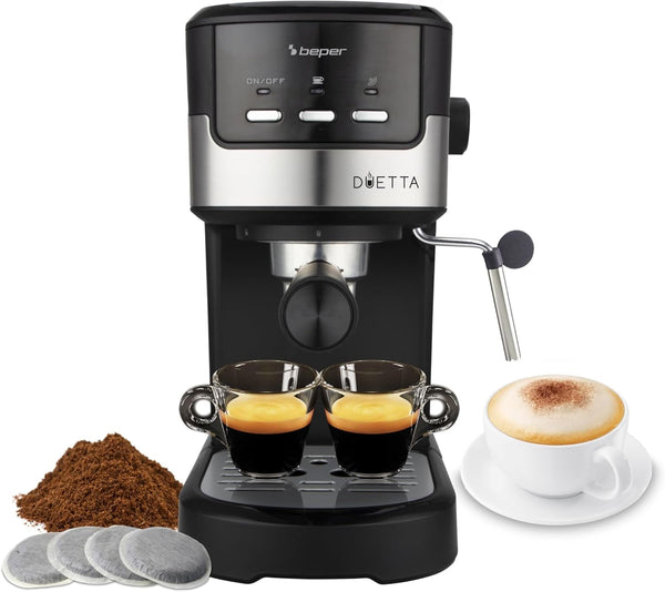 Beper P101CAF100 Duetta Espresso Coffee Maker, 1100W, compatibil cu poduri și cafea pudră, cafetieră cu braț dublu, 15 bar, încălzitor de cești, cupă de măsurare și presă incluse, negru