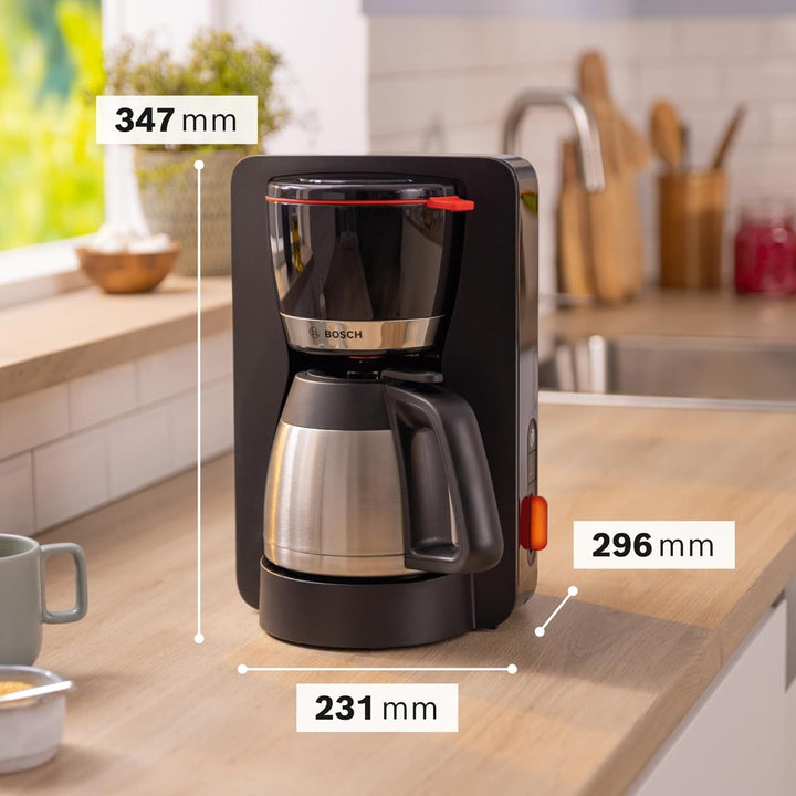 Mașină de cafea cu filtru Bosch Mymoment TKA6M273, cană termo 1 L, pentru 8-12 cești, opritor de picurare, suport pivotant pentru filtru, program de detartrare, rezervor de apă detașabil, 1200 wați, negru mat