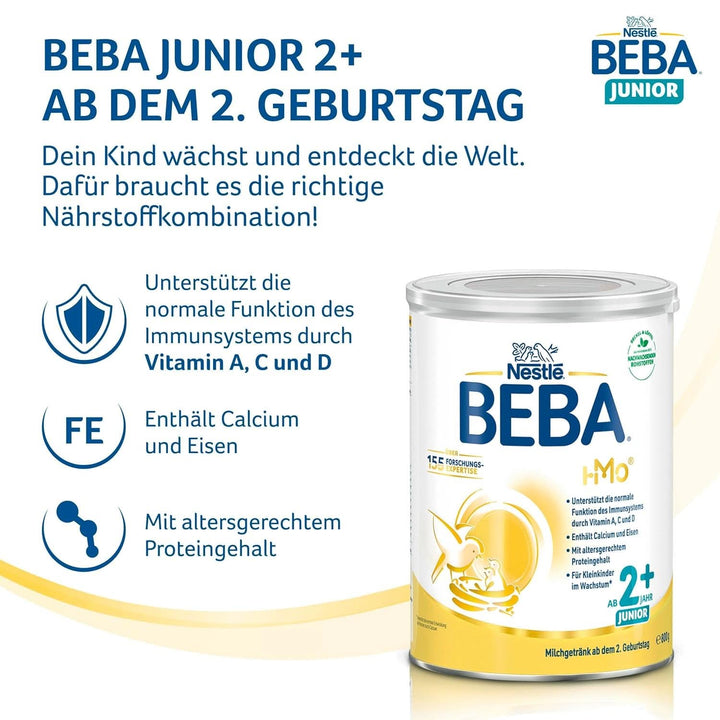 BEBA Junior 2+ Milchgetränk Ab Dem 2. Geburtstag, Babynahrung Mit HMO 2'-FL, Nur Laktose, Ohne Palmöl, 3Er Pack (3 X 800G)