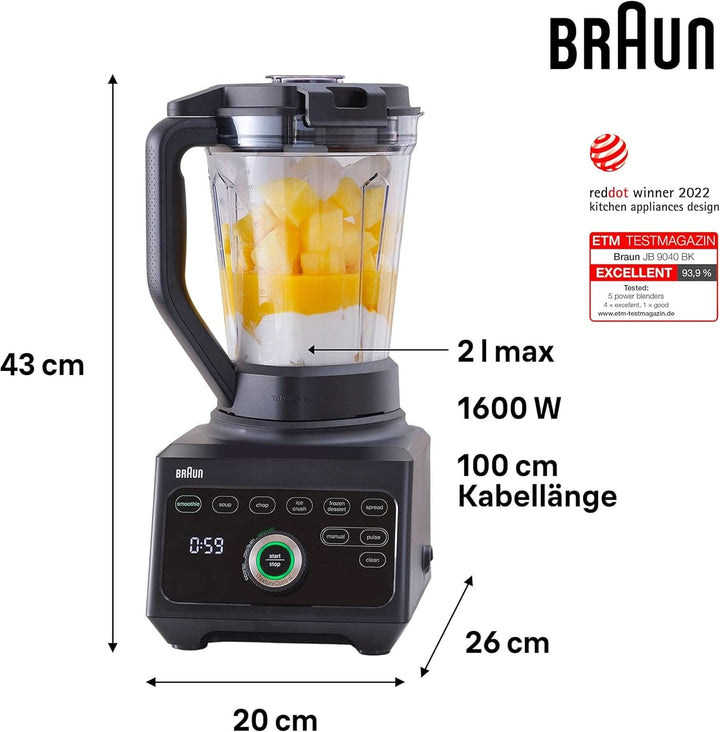 Braun Hochleistungsmixer Powerblend 9 JB9040 – Standmixer Mit Glas-Mixkrug, 18 Mixprogramme, 10 Geschwindigkeiten + Pulsfunktion, Heiße Suppen Funktion, Reinigungsprogramm, Stampfer, 1600 W, Schwarz