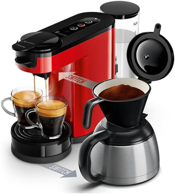 Philips Electrocasnice Cafetieră Senseo Switch cu doze de cafea și filtru - tehnologie 2 în 1, rezervor de apă de 1 L, 7 cești deodată, culoare roșie (HD6592/85)