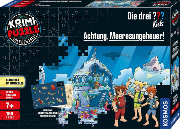 Die Drei ??? Kids - Crime puzzle - Atenție, monstru marin De la KOSMOS 680664, 150 piese, Strălucește în întuneric, Lectură, puzzle-uri, rezolvarea puzzle-urilor, puzzle detectiv pentru copii cu vârsta de peste 7 ani